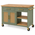 Carrello da cucina, ante intrecciate, ripiani laterali e ruote, verde/marrone