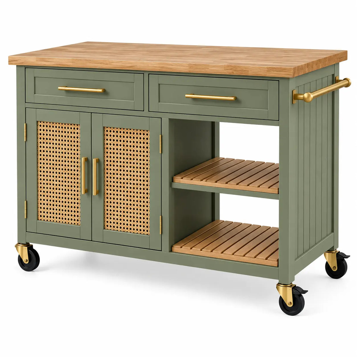 Carrello da cucina, ante intrecciate, ripiani laterali e ruote, verde/marrone