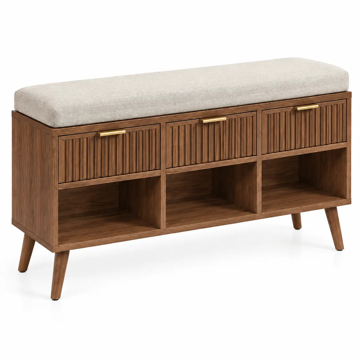 Panca, cassetti scanalati e vani inferiori, marrone/beige