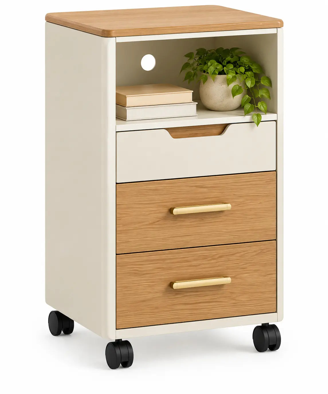 Carrello da cucina, cassetti, vano superiore e ruote, beige/marrone