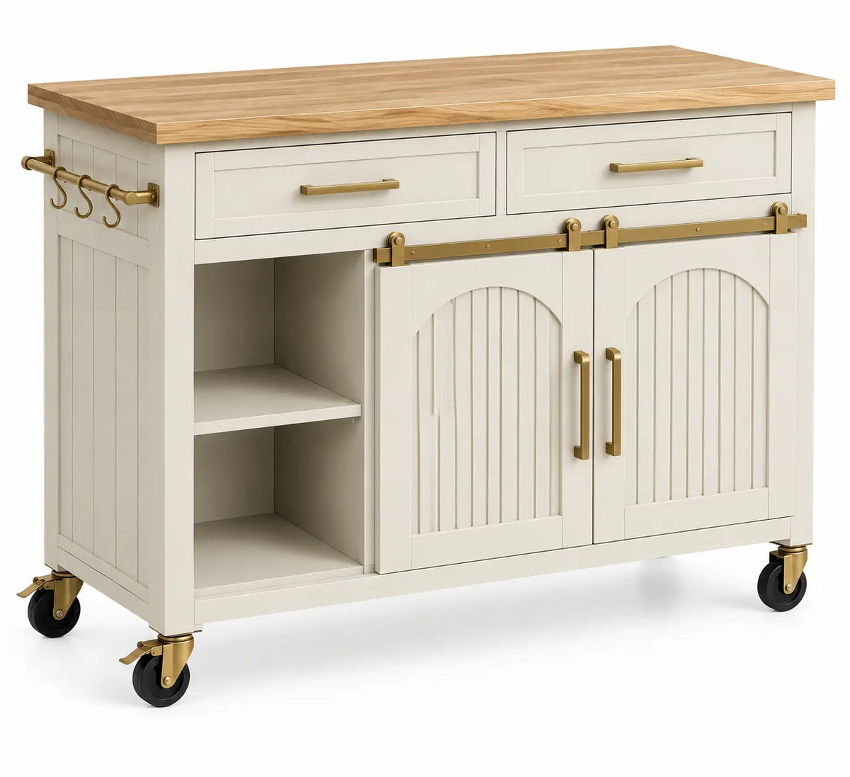 Carrello da cucina, ante scanalate, cassetti e ripiani laterali, beige/marrone