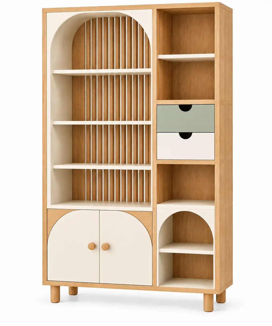 Libreria, vani asimmetrici e cassetti laterali, marrone/beige/verde