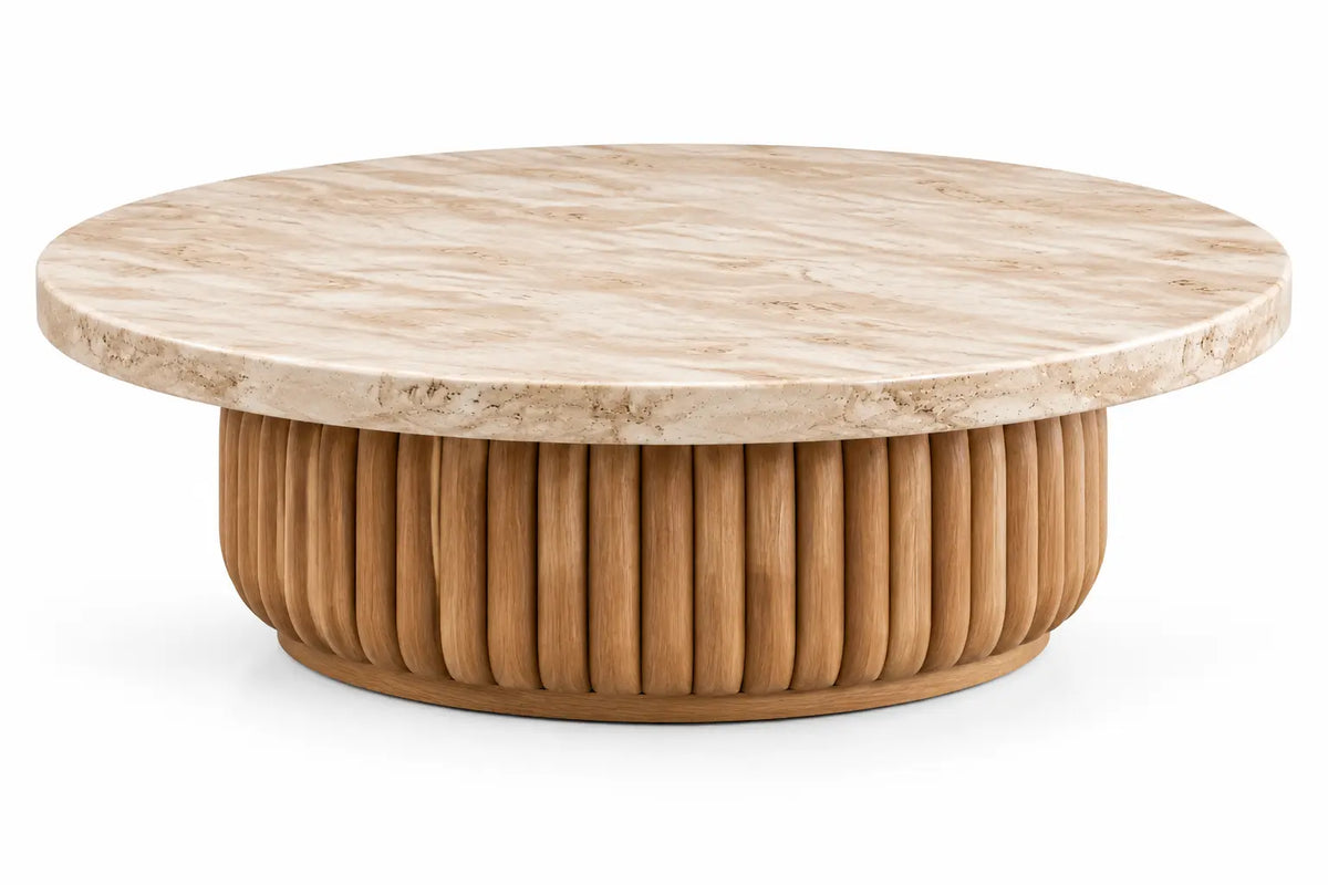 Tavolino da salotto, piano rotondo e base centrale scanalata, marrone/beige