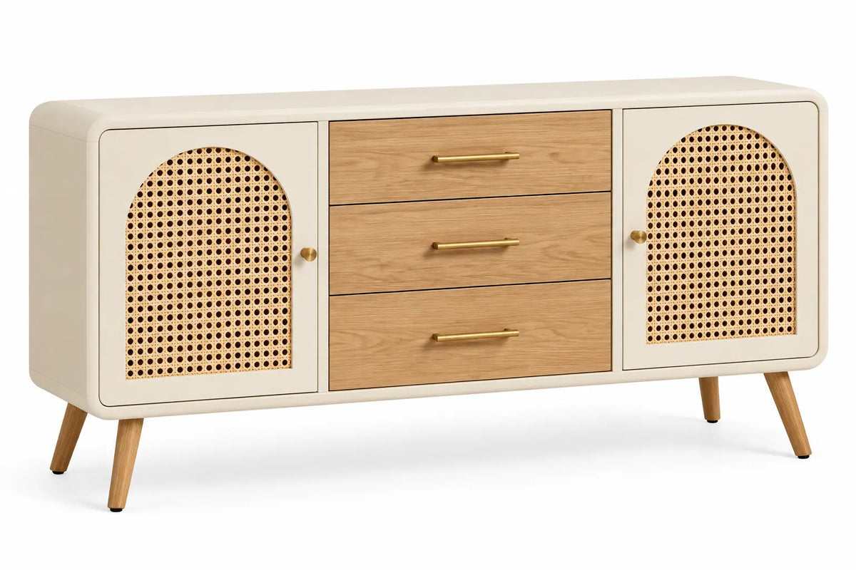 Credenza, due ante intrecciate e tre cassetti, beige/marrone