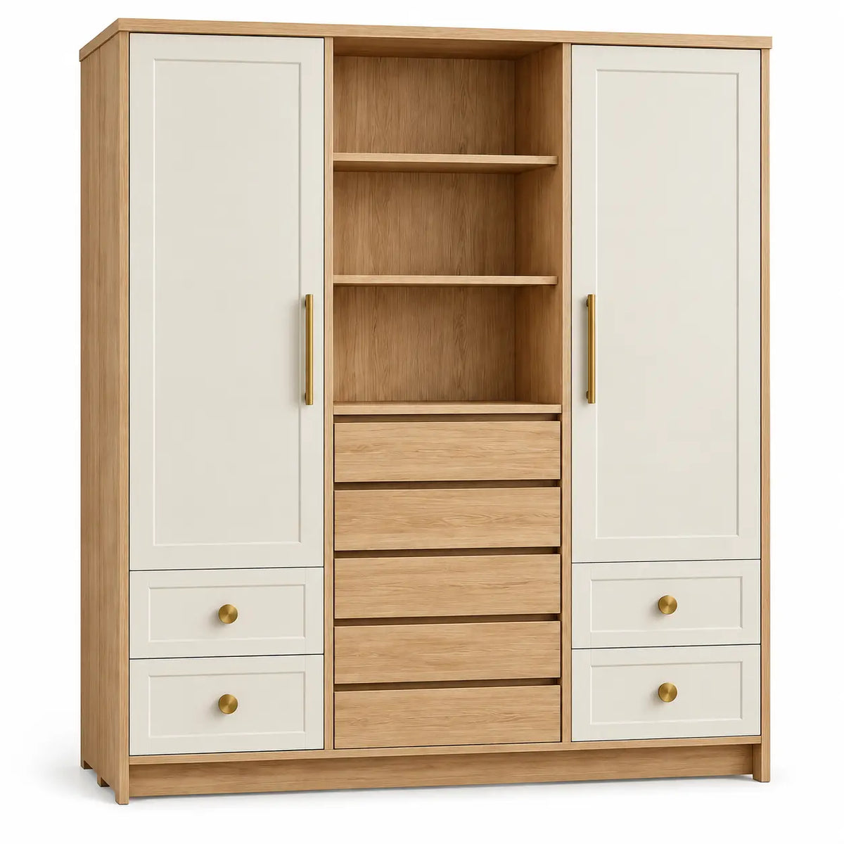 Armadio, ante laterali e vani centrali con cassetti, marrone/beige