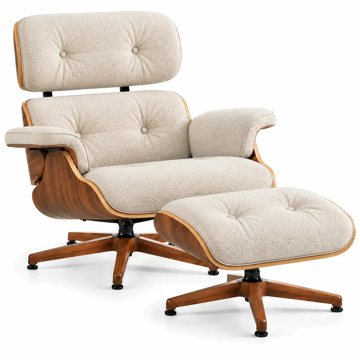 Poltrona con poggiapiedi, schienale con bottoni e poggiapiedi coordinato, beige/marrone